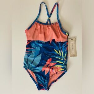 NWT Peyton & Parker 4T Girl Swimsuit One Piece Blue and Coral Jungle with Ruffle